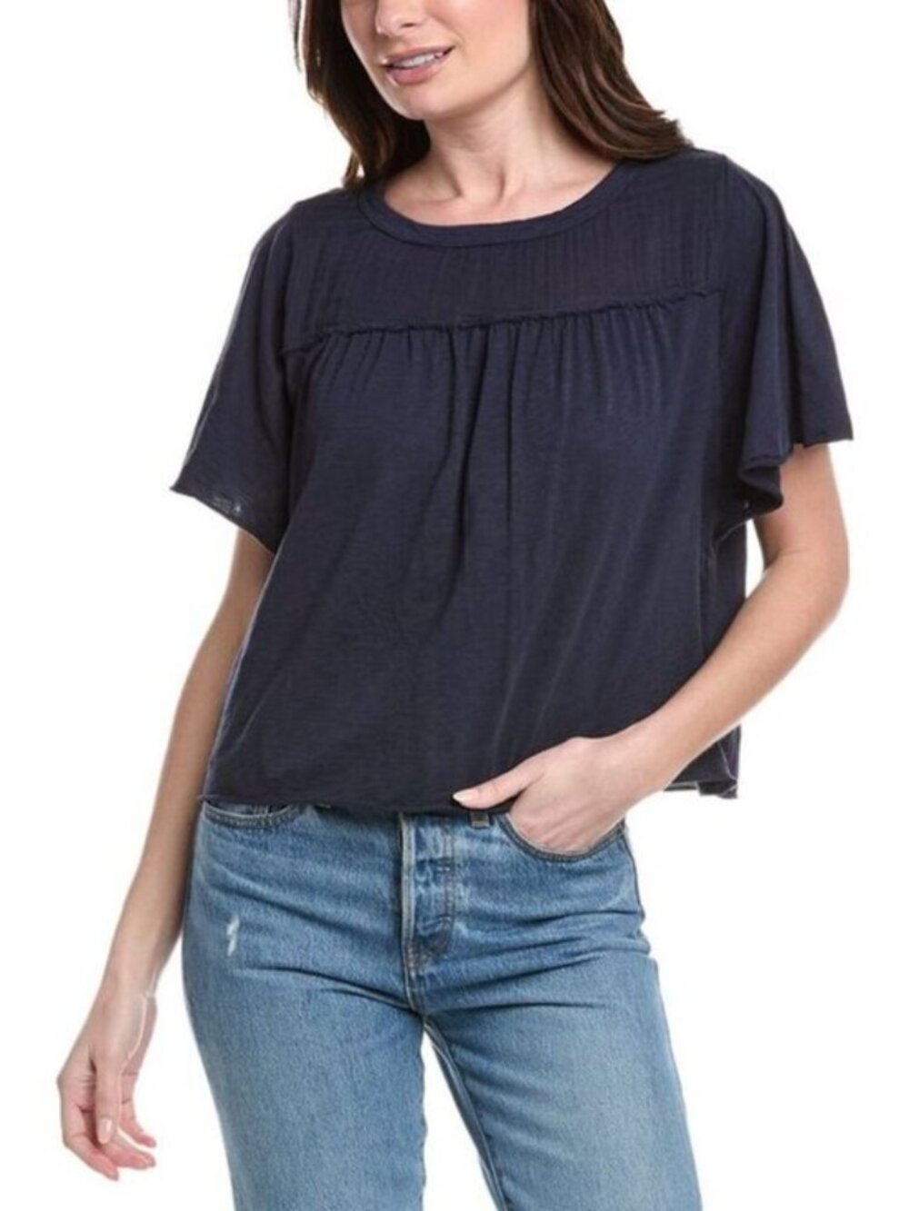 [New] Michael Stars (S) Navy Blue Cotton Crissy Crew Flutter Sleeve Boxy Tee